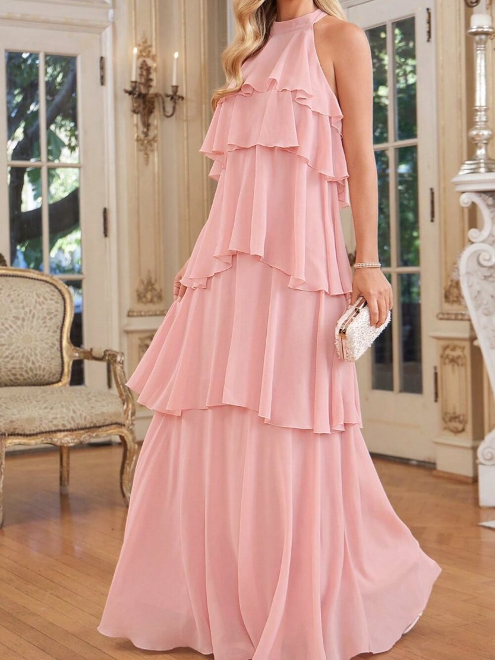 Pink Elegant Women's Layer Halter Sleeveless Maxi A-Line Dress